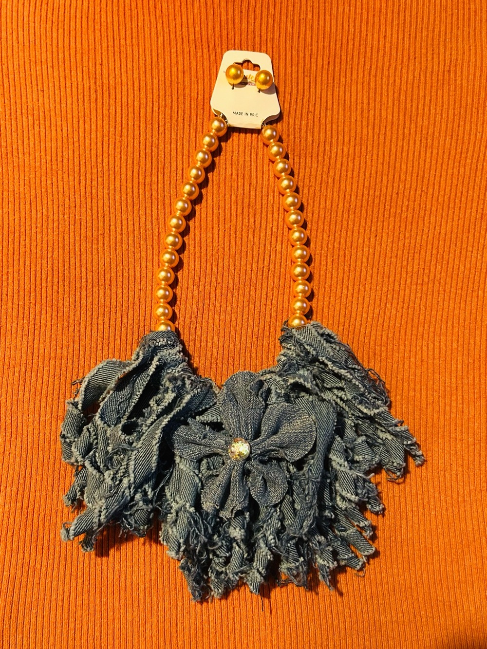 Denim Floral Statement Necklace with Gold Beaded Chain